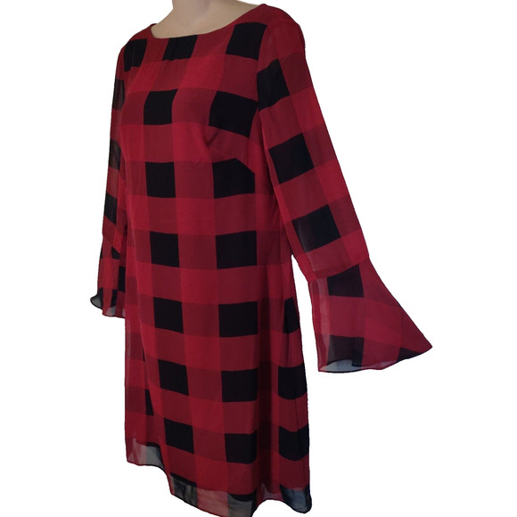 Ralph Lauren CHAPS Dress Red & Black LUMBERJACK Chiffon Checkered Career Sz 8 - Picture 2 of 12